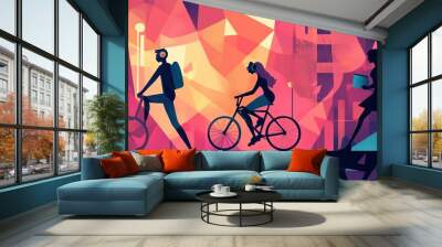 Urban cyclists and a pedestrian traverse a vibrant cityscape at dusk with colorful geometric patterns Wall mural