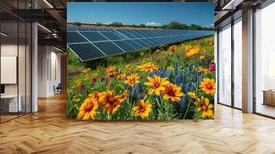 Vibrant Wildflowers Flourish Alongside Solar Panels Under Clear Blue Sky Wall mural