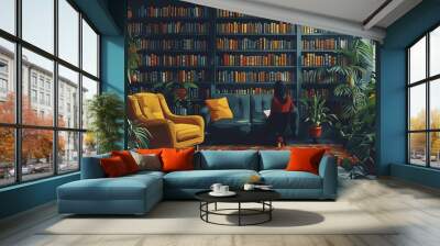 Woman Reading In A Cozy Library Room With Lush Greenery Wall mural