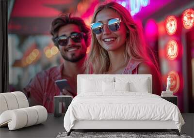 Young couple enjoying an evening stroll with neon lights in the background, capturing a moment of joy and connection together Wall mural