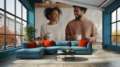 Young couple enjoying coffee together in a cozy kitchen filled with plants during a relaxed morning at home Wall mural