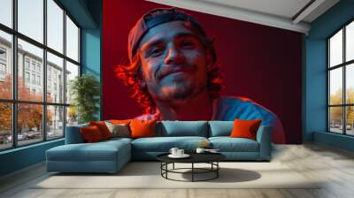 Young Man With Wavy Hair Wearing a Blue Shirt and a Cap Smiles in Red Lighting Wall mural