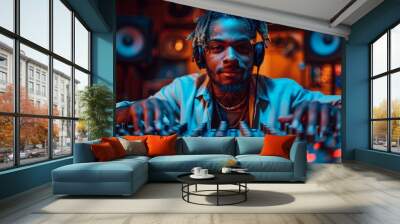 Young Music Producer Mixing Tracks in Vibrant Studio With Colorful Lights at Night Wall mural