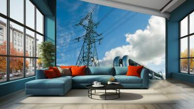 pipeline and power line support on the background of blue sky and clouds Wall mural