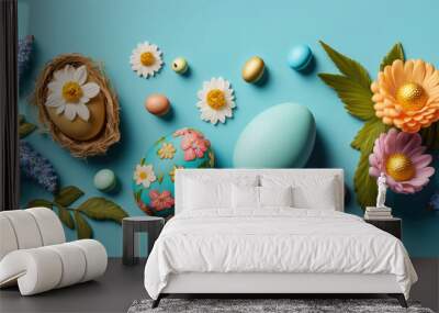 colorful easter eggs with flowers on blue background, generative ai Wall mural