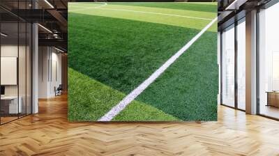 The white Line marking on the artificial green grass soccer field Wall mural