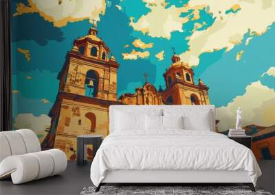 A beautiful painting of a church with a clock tower Wall mural