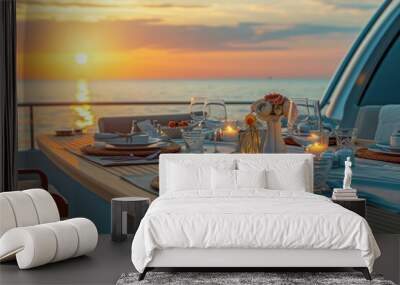 A beautiful table setting on a boat at sunset. Perfect for outdoor dining or romantic evenings on the water Wall mural