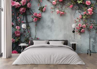 A beautiful wall covered in pink flowers and vines Wall mural