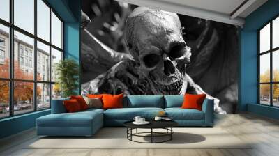 A black and white photo of a skeleton with wings. Suitable for Halloween or spooky themed designs Wall mural