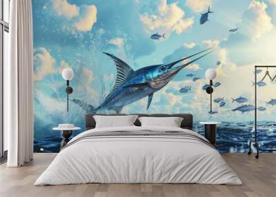 A blue marlin fish leaping out of the water. Suitable for marine and wildlife themes Wall mural