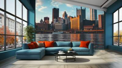 A boat floating in the water with a city in the background. Suitable for travel or cityscape themes Wall mural