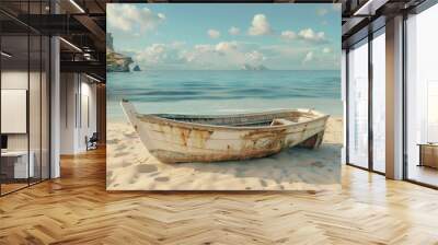 A boat sitting on top of a sandy beach, perfect for travel brochures Wall mural