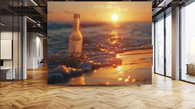 A bottle of beer resting on sandy beach. Suitable for summer holiday concepts Wall mural