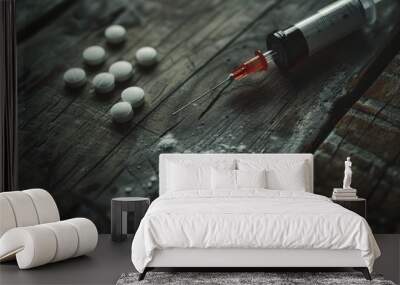 A bottle of pills and white pills sit on a wooden table Wall mural