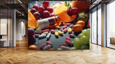 A bottle of vitamin pills surrounded by a variety of fresh fruits and vegetables. This image can be used to depict a healthy lifestyle and the importance of vitamins in a balanced diet Wall mural