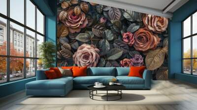 A bouquet of fresh flowers and leaves captured in a close-up shot Wall mural