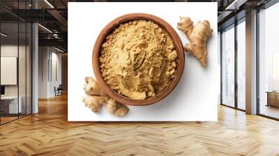 A bowl containing powdered ginger next to its natural counterpart, a ginger root Wall mural