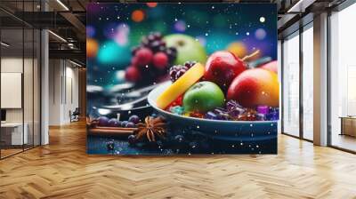 A bowl of fruit on a table, accompanied by a spoon. Suitable for various uses Wall mural