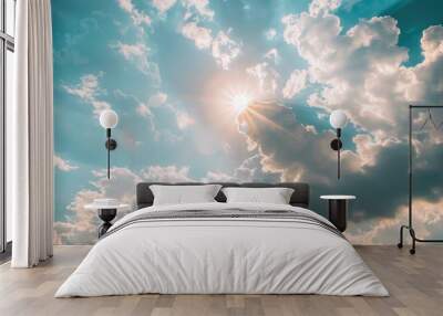 A bright sunbeam shines through the cloudy sky, offering a glimpse of warmth and light Wall mural