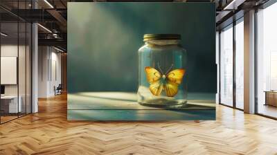 A bright yellow butterfly captured in a glass jar, perfect for nature and wildlife themes Wall mural