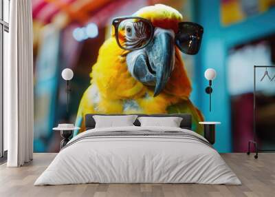 A bright yellow parrot wearing glasses perched on a branch or in a cage Wall mural