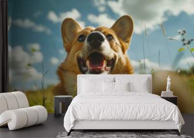 A brown and white dog sitting on top of a lush green field. Suitable for pet or nature themes Wall mural