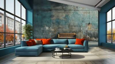 A brown couch placed in front of a blue wall. Perfect for interior design or home decor projects. Wall mural