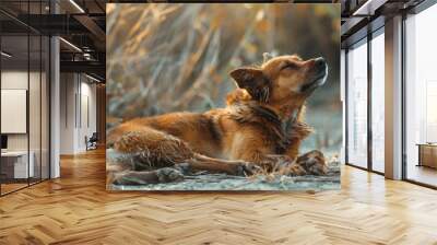 A brown dog laying on top of a dry grass covered field. Ideal for pet care and outdoor lifestyle concepts Wall mural