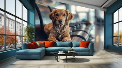 A brown dog sitting on top of a black bench. Suitable for pet and outdoor lifestyle concepts Wall mural