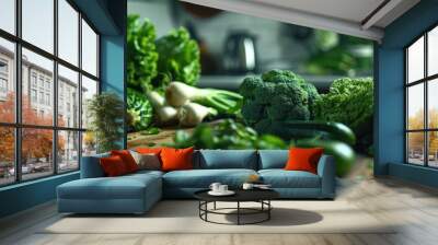 A bunch of broccoli on a wooden cutting board. Great for healthy eating concepts. Wall mural