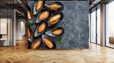 A bunch of mussels sitting on top of a table. Perfect for seafood restaurant menus Wall mural