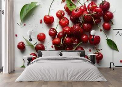 A bunch of ripe cherries on a clean white background. Ideal for food and nutrition concepts Wall mural