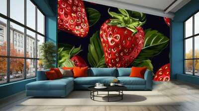 A bunch of ripe red strawberries with vibrant green leaves. Perfect for food and healthy eating concepts Wall mural