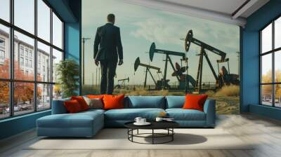 A businessman walks near oil pumps, possibly on his way to or from work Wall mural