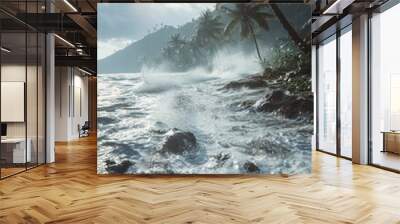 A calm ocean view with palm trees swaying in the background, suitable for travel or relaxation use Wall mural