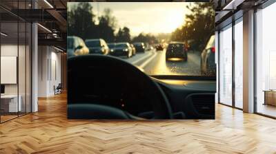 A car drives down a bustling city street Wall mural