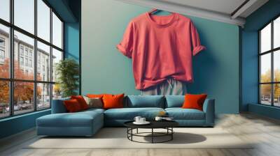 A casual wear garment hanging from a hanger against a plain blue wall Wall mural