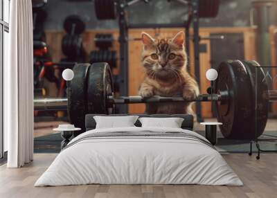 A cat sitting on top of a barbell in a home gym setting Wall mural