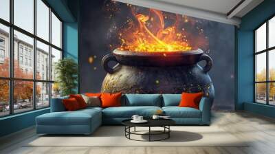 a cauldron with flames shooting out of it. perfect for halloween decorations or witch-themed designs Wall mural