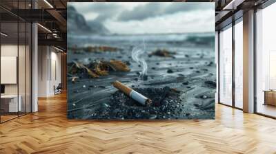 A cigarette resting on the sandy beach, suitable for advertising or health-related concepts Wall mural