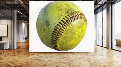 A close-up of a yellow baseball with red stitching on a white background, ideal for use in sports-themed designs or as a design element Wall mural