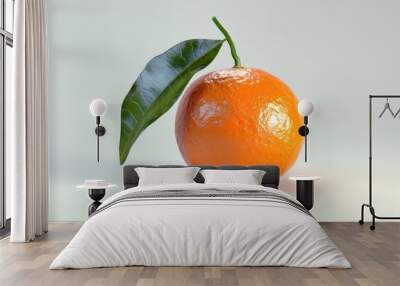 A close-up shot of a single orange with a leaf on top, great for food, decoration or still life photography Wall mural