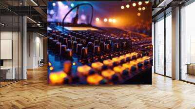 A close up shot of a sound board with vibrant lights in the background. Perfect for music events and concert-themed designs Wall mural