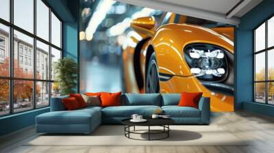 A close-up shot of a yellow sports car in a showroom Wall mural