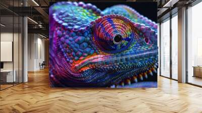 A close-up view of a colorful chameleon's face. Suitable for nature and animal themes Wall mural