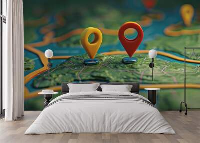 A close-up view of a map with various pins marking locations, useful for travel and navigation Wall mural