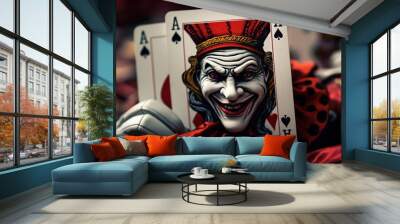 A close-up view of a playing card featuring a clown face. This image can be used for various purposes such as illustrating a deck of cards, representing a circus theme, or adding a touch of whimsy to  Wall mural