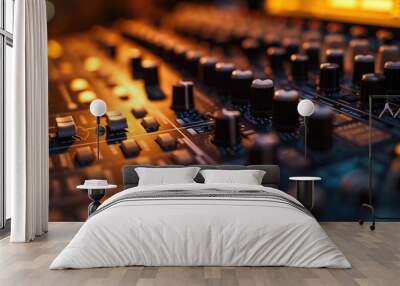 A close-up view of a sound board in a recording studio. Perfect for musicians, producers, and audio engineers. Wall mural