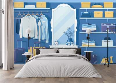 A closet filled with various items including clothes, suitcases, and a mirror. Suitable for interior design concepts Wall mural